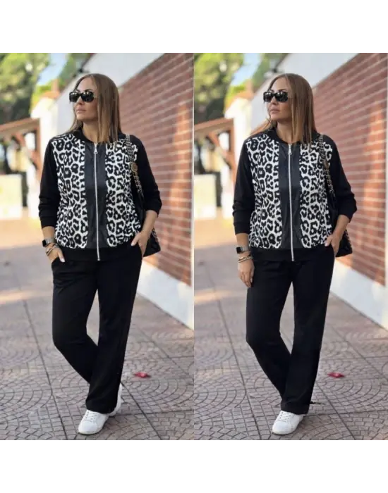 Kadın Uzun Kollu önden Fermuarlı Leopar Desenli Viskon Iki Iplik Bluz Ve Pantolon Ikili Takım