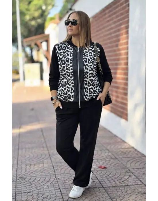 Kadın Uzun Kollu önden Fermuarlı Leopar Desenli Viskon Iki Iplik Bluz Ve Pantolon Ikili Takım