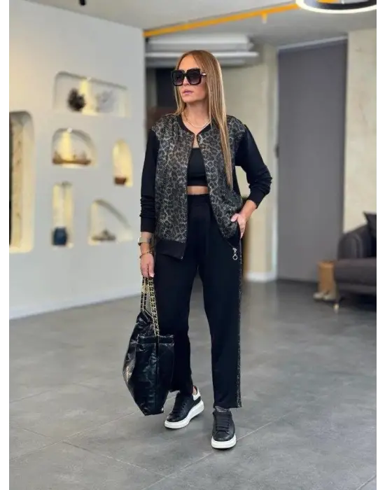 Modern Leopar Desenli Viskon İkili Takım