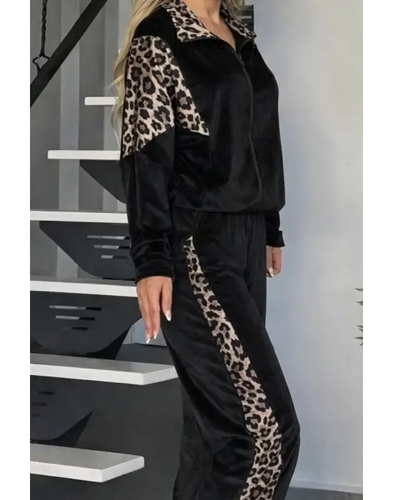 Kadın Uzun Kollu önden Fermuarlı Leopar Detaylı Kadife Bluz Ve Pantolon Ikili Takım