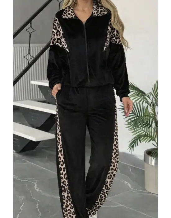 Kadın Uzun Kollu önden Fermuarlı Leopar Detaylı Kadife Bluz Ve Pantolon Ikili Takım