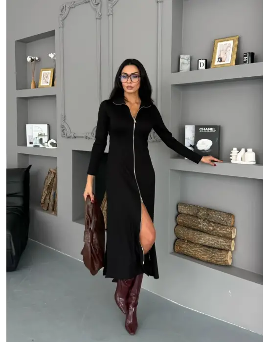 Kadın Uzun Kollu önden Fermuarlı Maxi Viskon Iki Iplik Elbise