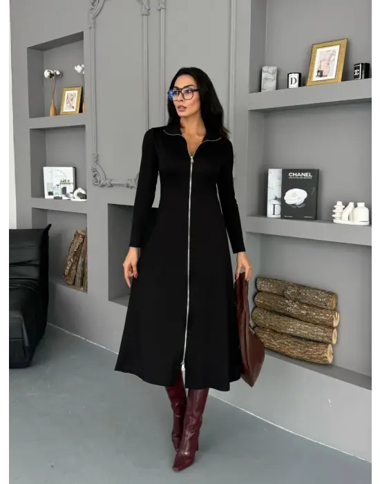 Kadın Uzun Kollu önden Fermuarlı Maxi Viskon Iki Iplik Elbise