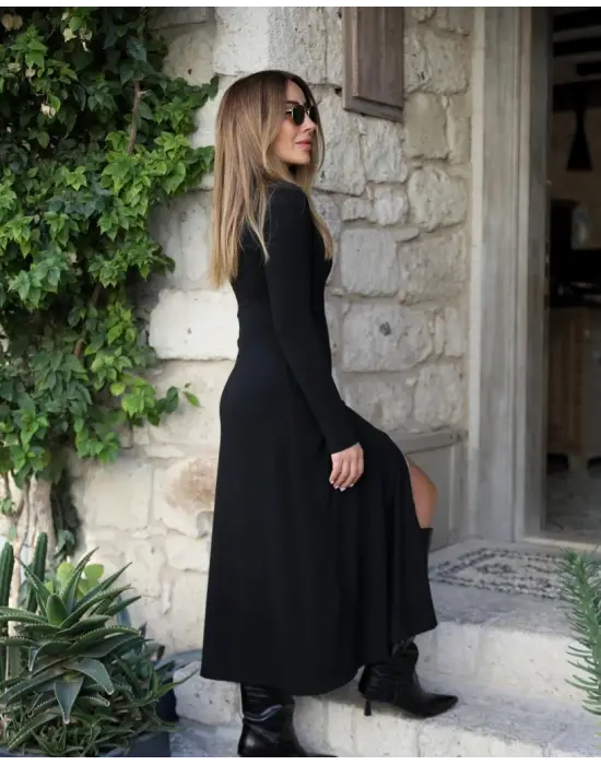 Kadın Uzun Kollu önden Fermuarlı Maxi Viskon Iki Iplik Elbise