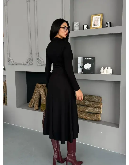 Kadın Uzun Kollu önden Fermuarlı Maxi Viskon Iki Iplik Elbise