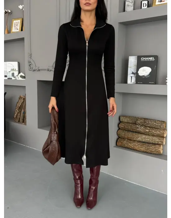 Kadın Uzun Kollu önden Fermuarlı Maxi Viskon Iki Iplik Elbise