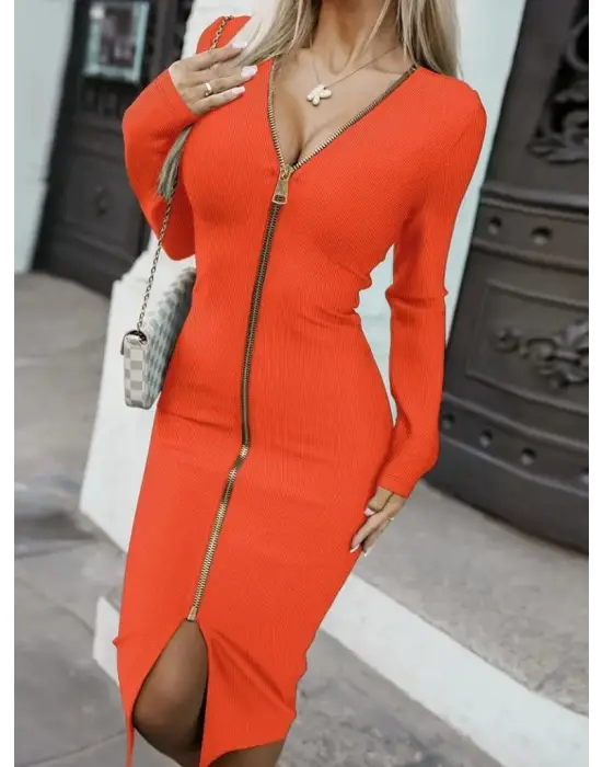 Kadın Uzun Kollu önden Fermuarlı Midi Ottoman Elbise