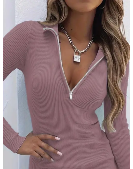 Kadın Uzun Kollu önden Fermuarlı Mini Kaşkorse Elbise