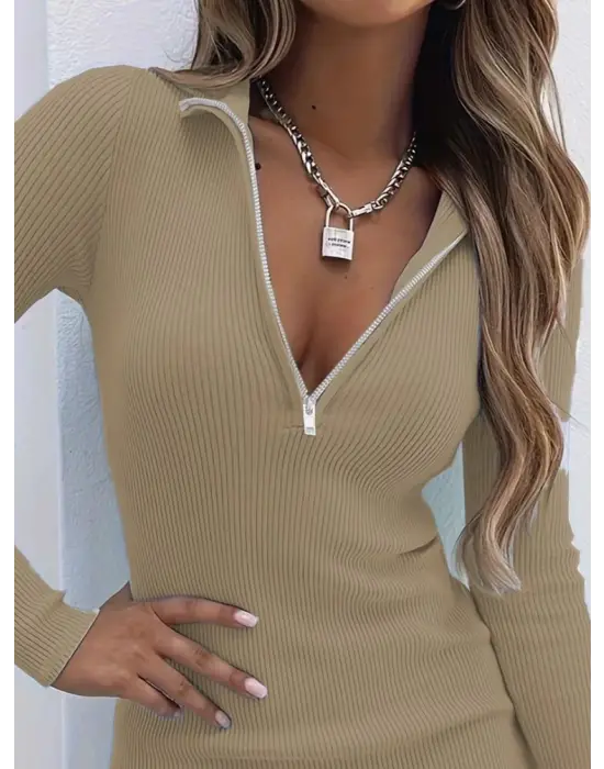 Kadın Uzun Kollu önden Fermuarlı Mini Kaşkorse Elbise