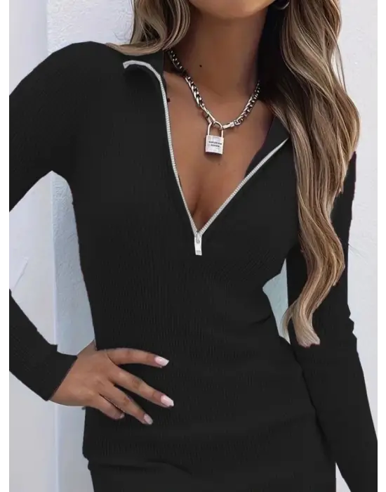 Kadın Uzun Kollu önden Fermuarlı Mini Kaşkorse Elbise