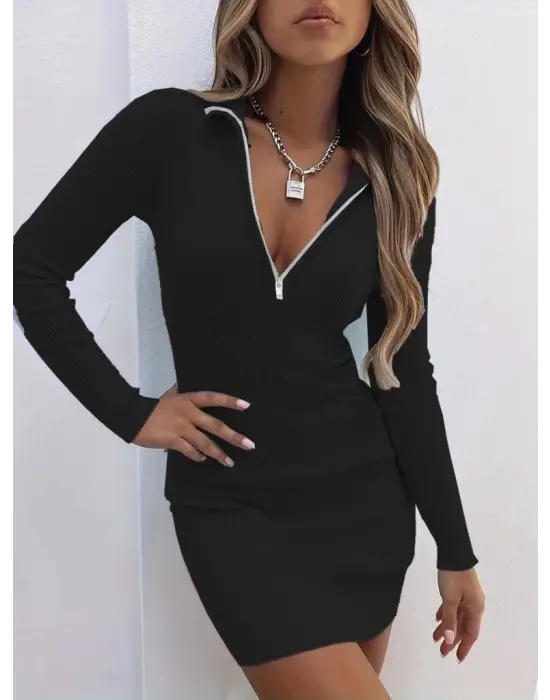 Kadın Uzun Kollu önden Fermuarlı Mini Kaşkorse Elbise