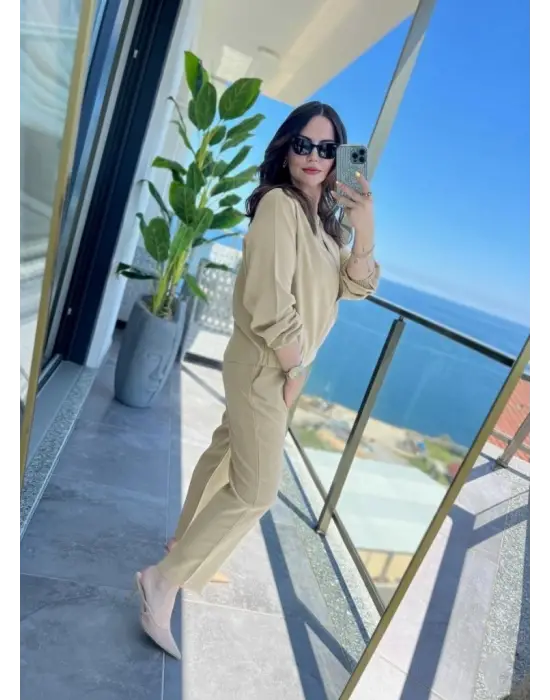 Kadın Uzun Kollu önden Fermuarlı Modal Ceket Ve Pantolon Ikili Takım
