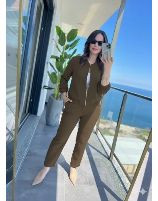 Kadın Uzun Kollu önden Fermuarlı Modal Ceket Ve Pantolon Ikili Takım