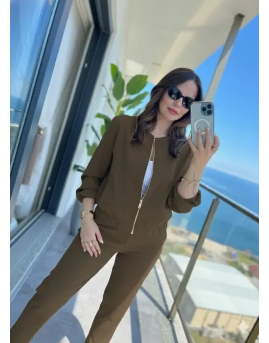 Kadın Uzun Kollu önden Fermuarlı Modal Ceket Ve Pantolon Ikili Takım