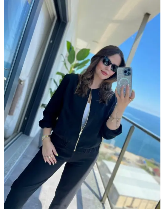 Kadın Uzun Kollu önden Fermuarlı Modal Ceket Ve Pantolon Ikili Takım