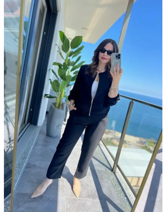 Kadın Uzun Kollu önden Fermuarlı Modal Ceket Ve Pantolon Ikili Takım