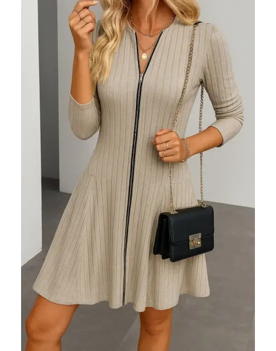 Kadın Uzun Kollu önden Fermuarlı Pileli şardonlu Kaşkorse Mini Elbise