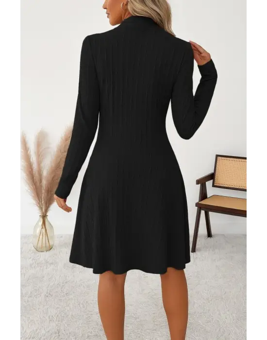 Kadın Uzun Kollu önden Fermuarlı Pileli şardonlu Kaşkorse Mini Elbise