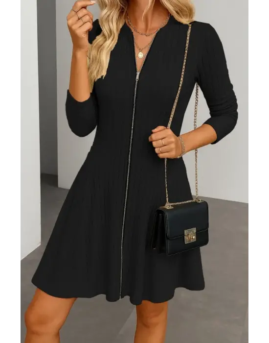 Kadın Uzun Kollu önden Fermuarlı Pileli şardonlu Kaşkorse Mini Elbise