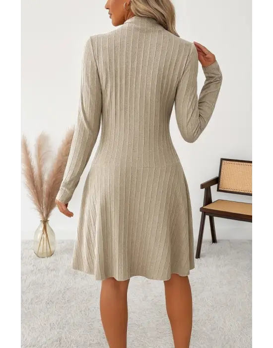 Kadın Uzun Kollu önden Fermuarlı Pileli şardonlu Kaşkorse Mini Elbise