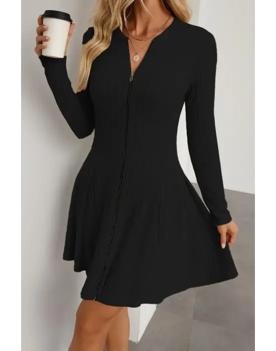 Kadın Uzun Kollu önden Fermuarlı Pileli şardonlu Kaşkorse Mini Elbise