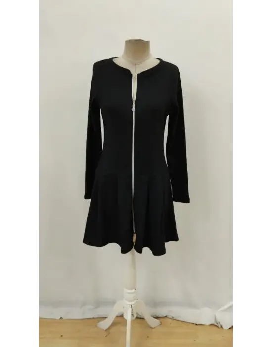 Kadın Uzun Kollu önden Fermuarlı Pileli şardonlu Kaşkorse Mini Elbise