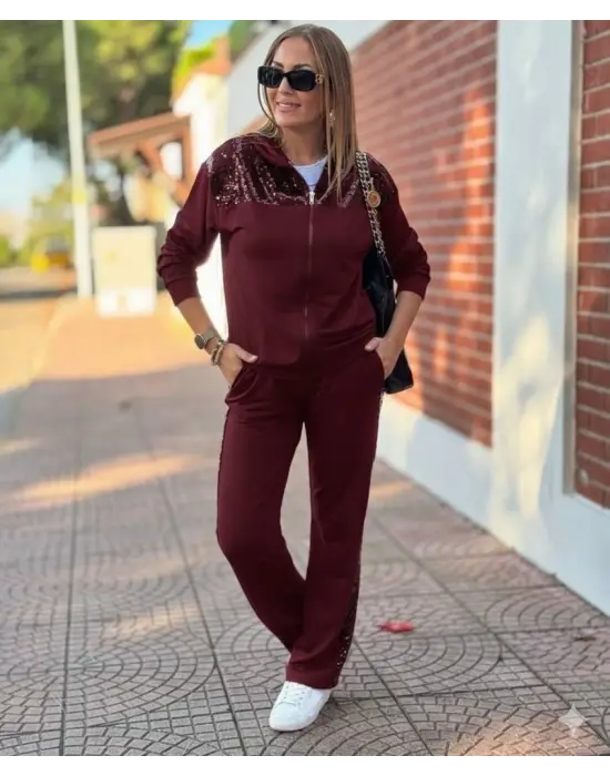 Kadın Uzun Kollu önden Fermuarlı Pul Payetli Alt üst Viskon Iki Iplik Takım