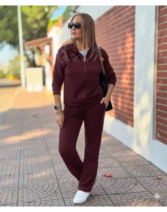 Kadın Uzun Kollu önden Fermuarlı Pul Payetli Alt üst Viskon Iki Iplik Takım