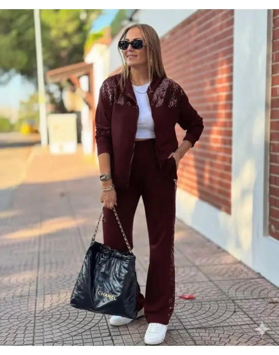 Kadın Uzun Kollu önden Fermuarlı Pul Payetli Alt üst Viskon Iki Iplik Takım