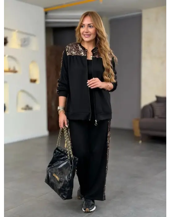 Kadın Uzun Kollu önden Fermuarlı Pulpayet Detaylı Bluz Ve Pantolon Ikili Takım