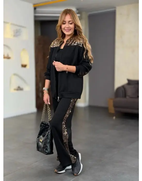 Kadın Uzun Kollu önden Fermuarlı Pulpayet Detaylı Bluz Ve Pantolon Ikili Takım