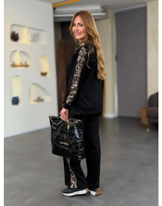 Kadın Uzun Kollu önden Fermuarlı Pulpayet Detaylı Bluz Ve Pantolon Ikili Takım