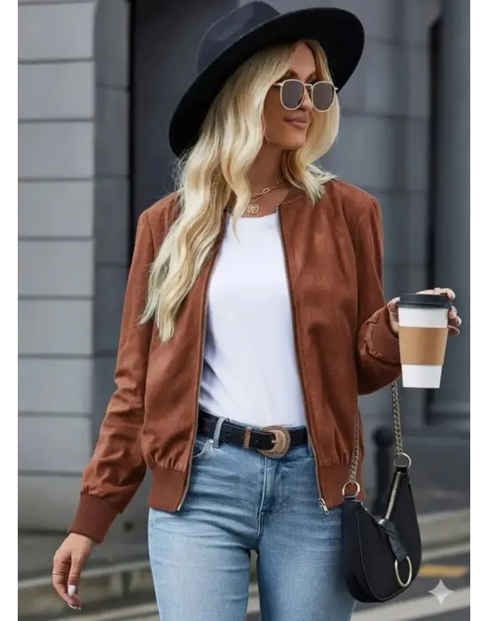 Kadın Uzun Kollu önden Fermuarlı Süet Ceket