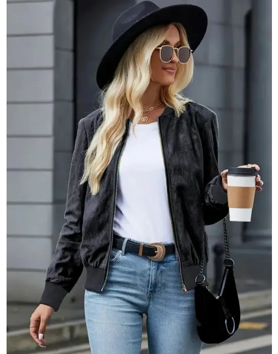 Kadın Uzun Kollu önden Fermuarlı Süet Ceket