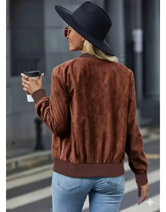 Kadın Uzun Kollu önden Fermuarlı Süet Ceket