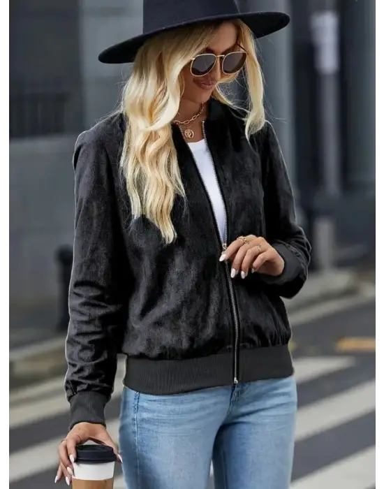 Kadın Uzun Kollu önden Fermuarlı Süet Ceket