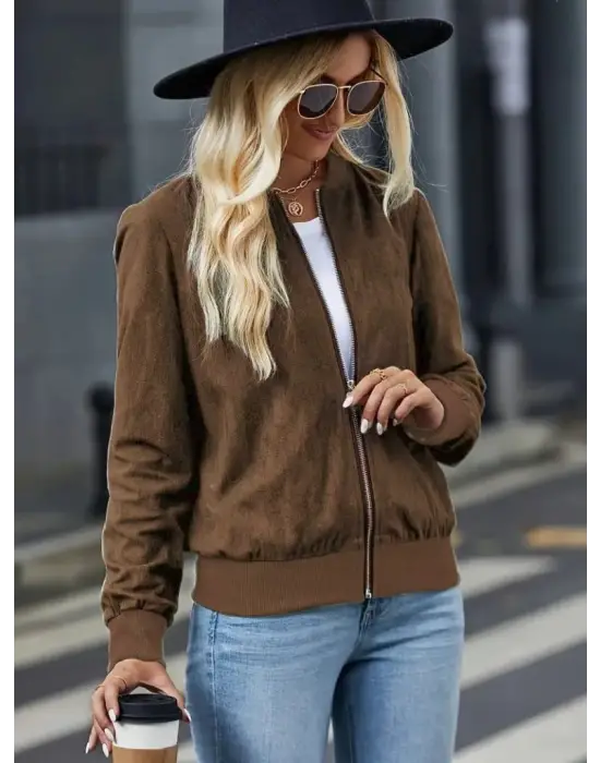 Kadın Uzun Kollu önden Fermuarlı Süet Ceket