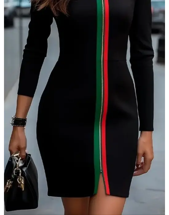 Kadın Uzun Kollu önden Tam Boy Fermuarlı Renkli şerit Detaylı Viskon Iki Iplik Mini Elbise