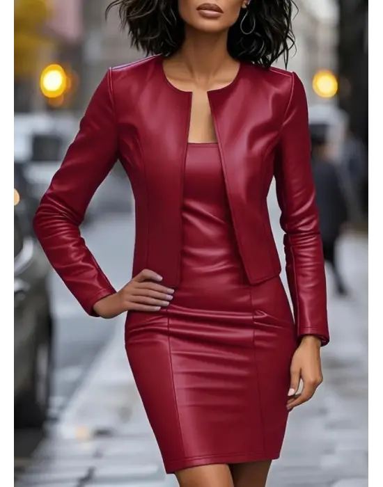 Kadın Uzun Kollu önü Açık Deri Ceket Ve Askılı Yuvarlak Yakalı Mini Elbise Ikili Takım
