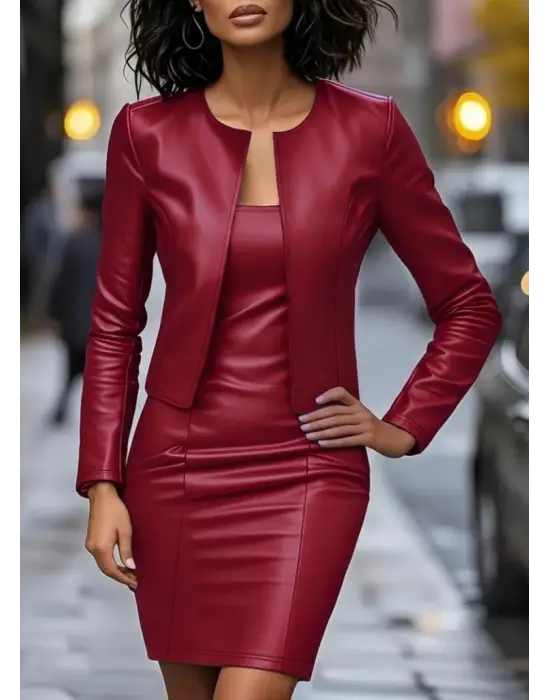 İddialı Deri Ceket ve Mini Elbise İkili Takım