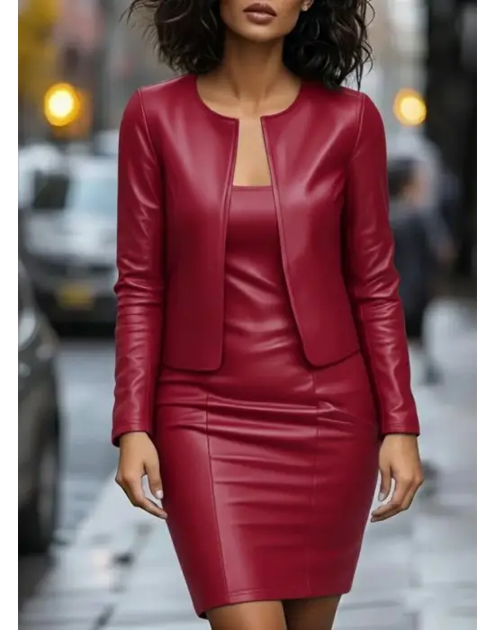 İddialı Deri Ceket ve Mini Elbise İkili Takım