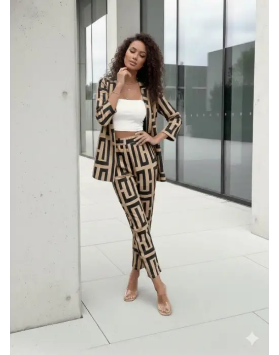 Kadın Uzun Kollu önü Açık Desenli Iki Iplik Ceket Ve Pantolon Ikili Takım