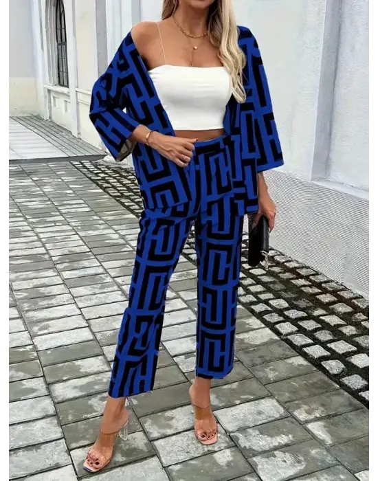 Kadın Uzun Kollu önü Açık Desenli Iki Iplik Ceket Ve Pantolon Ikili Takım