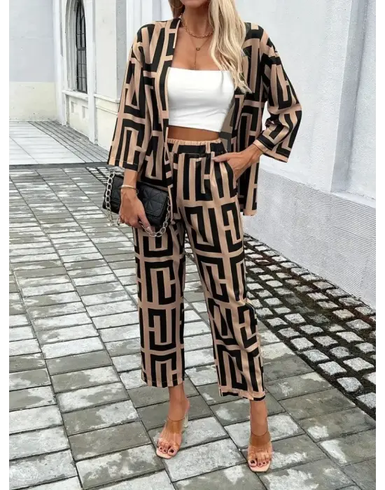 Kadın Uzun Kollu önü Açık Desenli Iki Iplik Ceket Ve Pantolon Ikili Takım