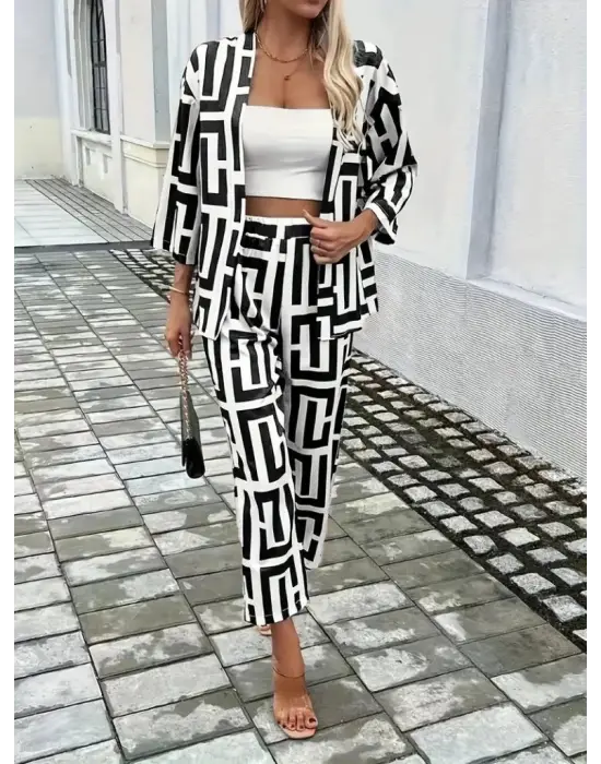 Kadın Uzun Kollu önü Açık Desenli Iki Iplik Ceket Ve Pantolon Ikili Takım