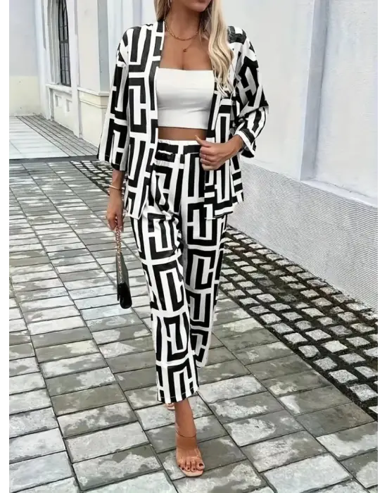 Kadın Uzun Kollu önü Açık Desenli Iki Iplik Ceket Ve Pantolon Ikili Takım