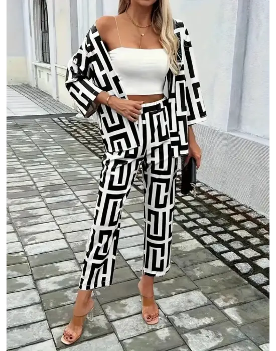 Kadın Uzun Kollu önü Açık Desenli Iki Iplik Ceket Ve Pantolon Ikili Takım