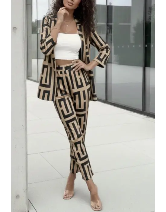 Kadın Uzun Kollu önü Açık Desenli Iki Iplik Ceket Ve Pantolon Ikili Takım