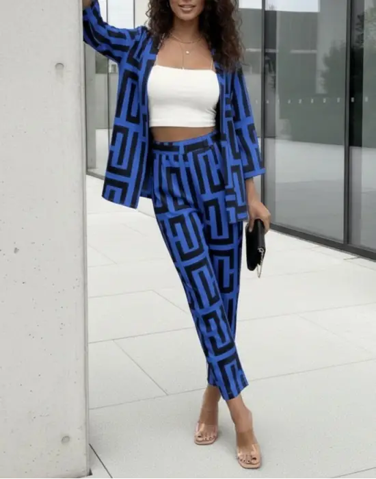 Kadın Uzun Kollu önü Açık Desenli Iki Iplik Ceket Ve Pantolon Ikili Takım