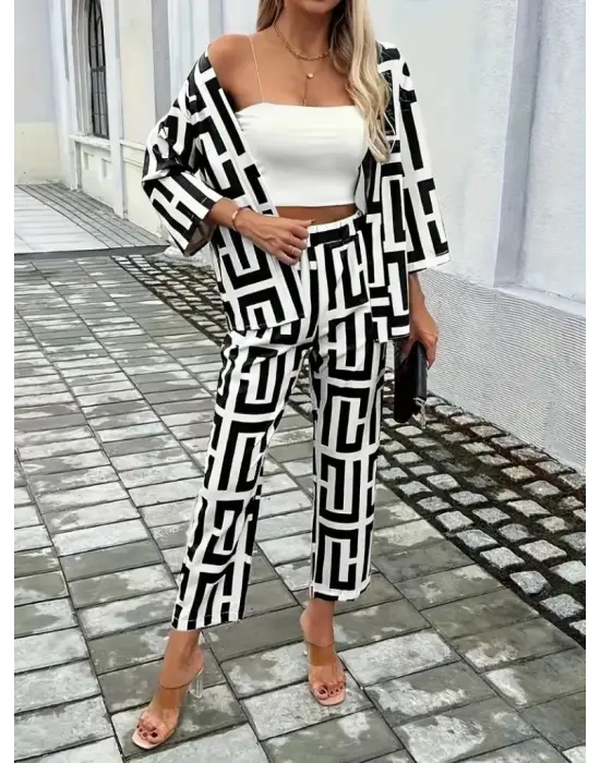 Kadın Uzun Kollu önü Açık Desenli Iki Iplik Ceket Ve Pantolon Ikili Takım